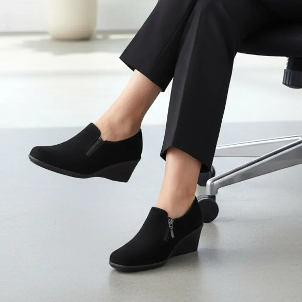 Solesenseability Black Leather Comfort Wedge Slip On Shoes Women’s 8 Travel Work